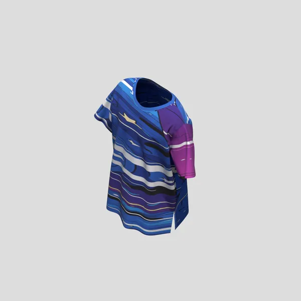 A picture of a T-shirt. The pattern has horizontal stripes of images evoking skies. It is brightly coloured in blues and pinks.
