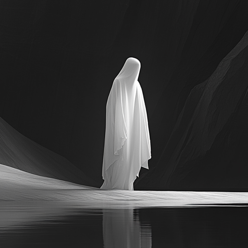 Cover art: A monochrome image of a spectral figure that looks like a person with cloth over them. They are framed by dark mountains and a pool in front of them reflecting their image.