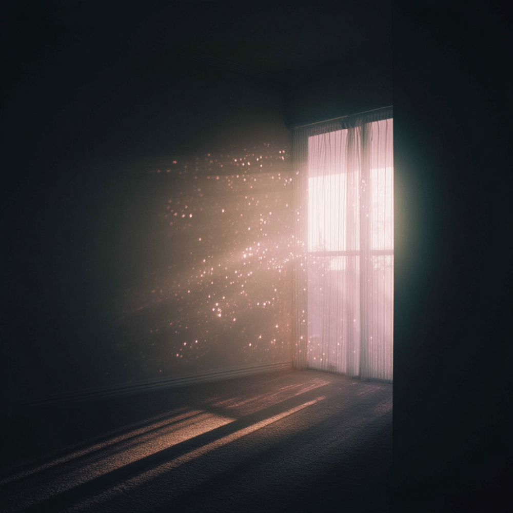 Cover art: A dark room with light streaming through the window shining on dust particles.