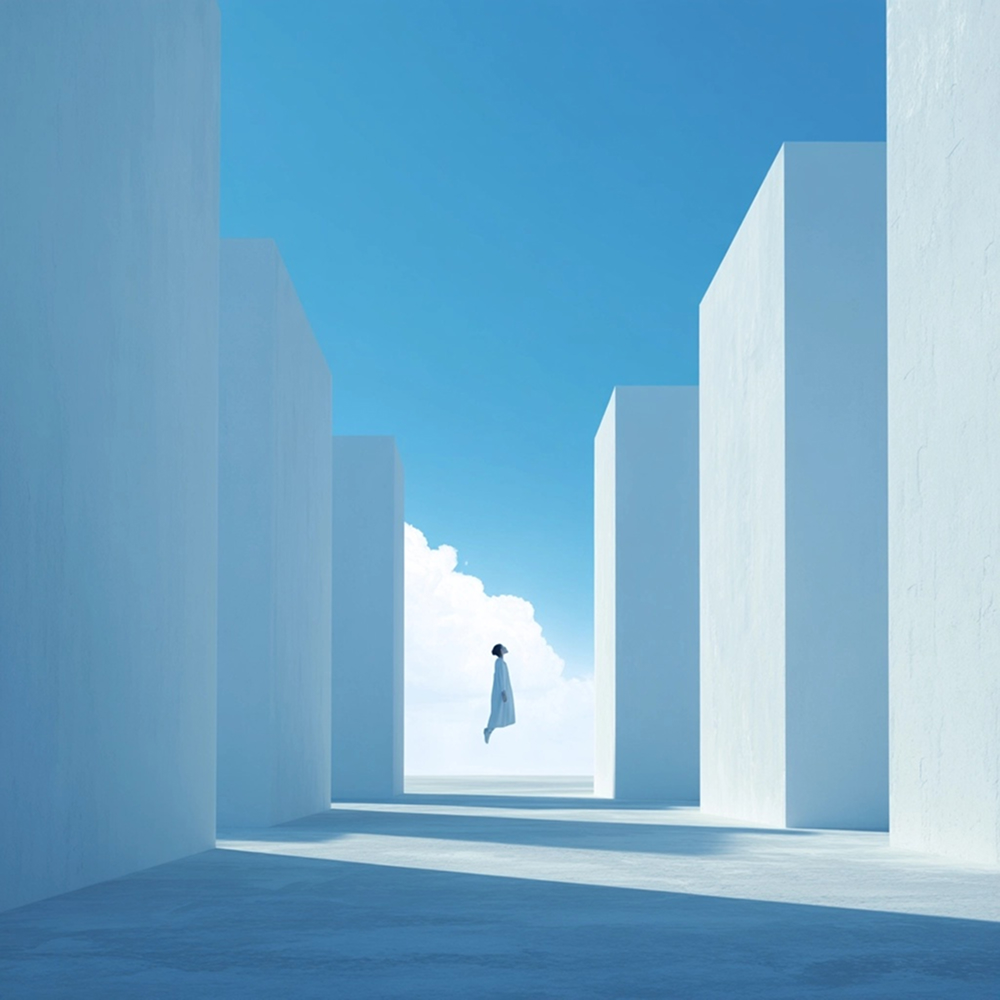Cover art: A row of bright towers and a woman in the middle floating in front of a blue sky with clouds.