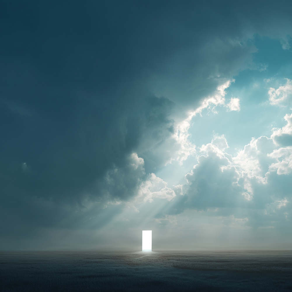 Cover art: A bright white door beyond a field, cutting out of a stormy sky
